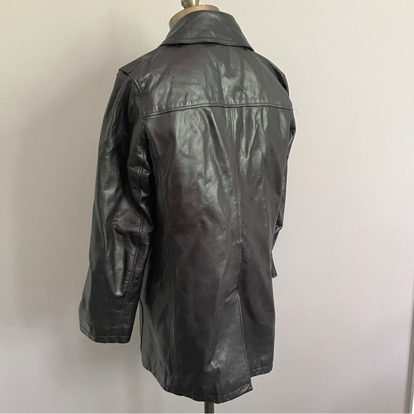 Vintage 90s Y2K Roots Black 100% Leather Straight Cut Mid Length Car Coat - 6/S - Picture 8 of 13